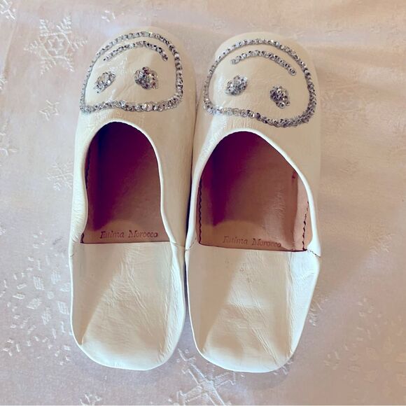 NWOT Fatima Morocco Babouche Slippers Leather Sequined Happy Face Sz 8 Gorgeous - Picture 3 of 5